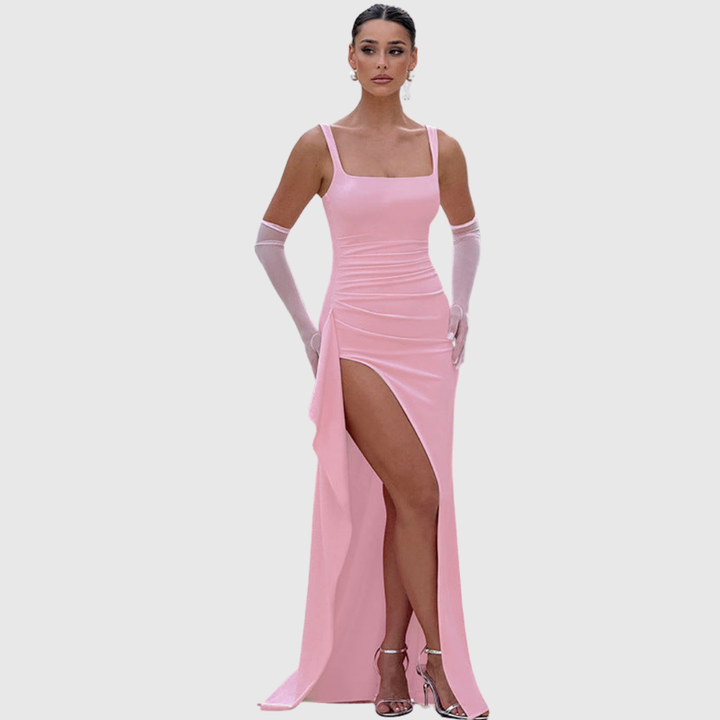Women's black evening wear: elegant formal slip maxi dress with a beautiful open back.