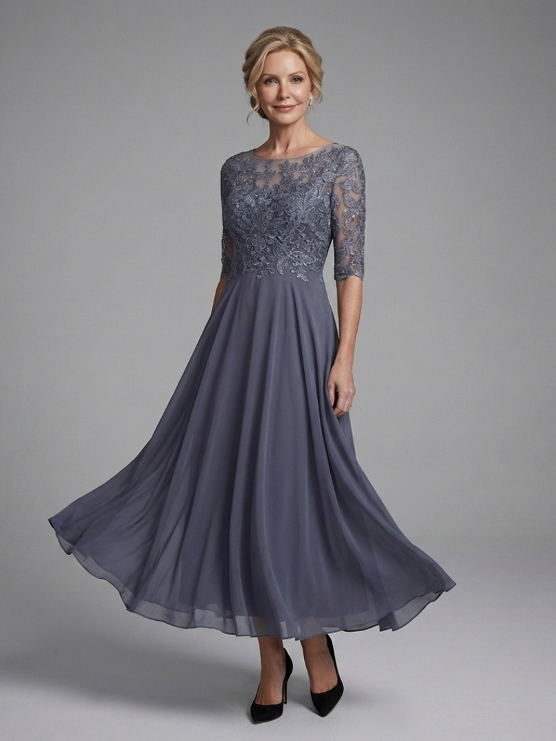 Elegant women's blue midi dress with lace bodice & sheer sleeves, perfect for cocktails or parties.