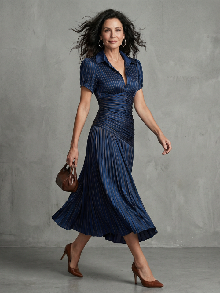 Women's pleated waistline stripe midi dress, elegant & sophisticated for summer.