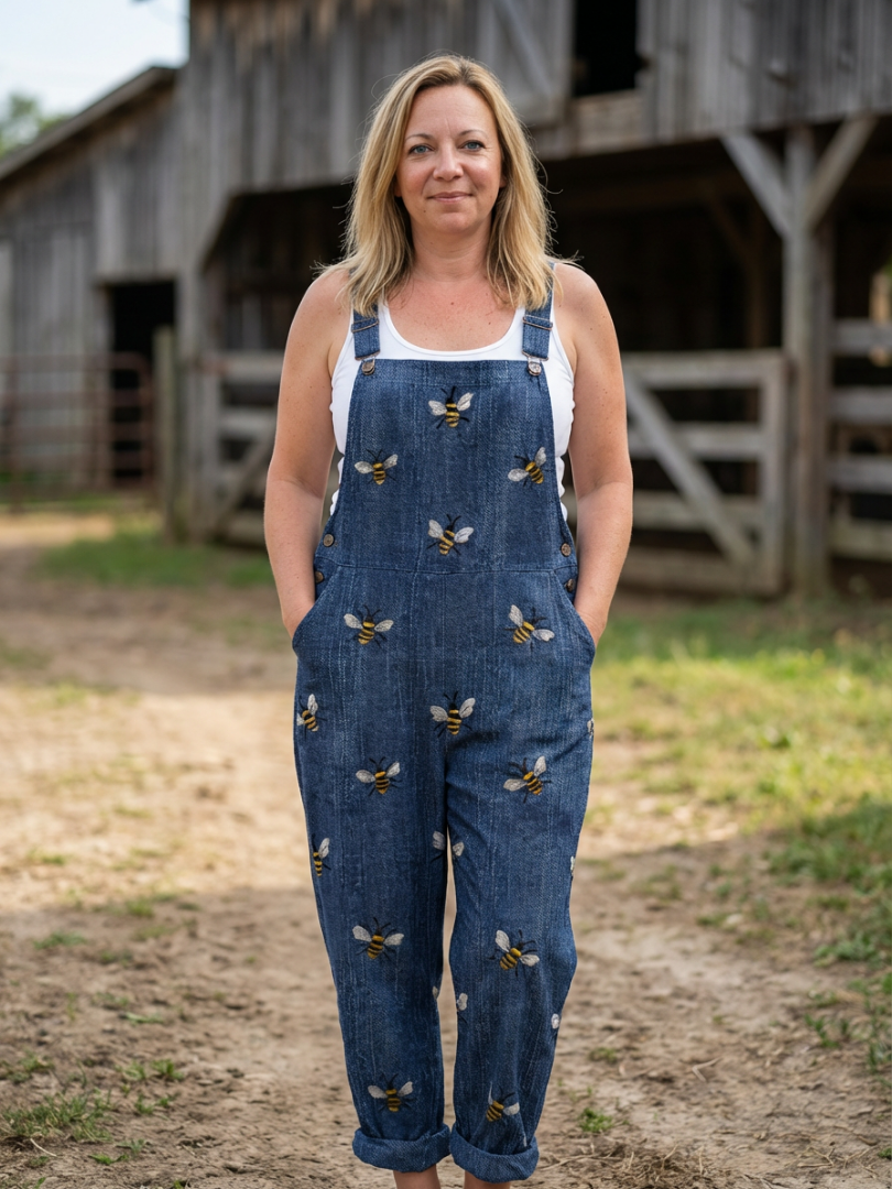 Women's relaxed fit blue jumpsuit with a stylish printed strap design, perfect for summer casual wear.