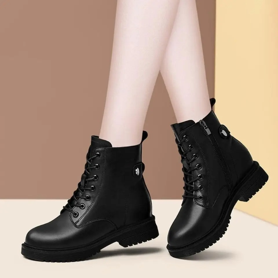 Black lace-up ankle boots for women, featuring zipper & non-slip sole. Comfortable & versatile for sustainable style.