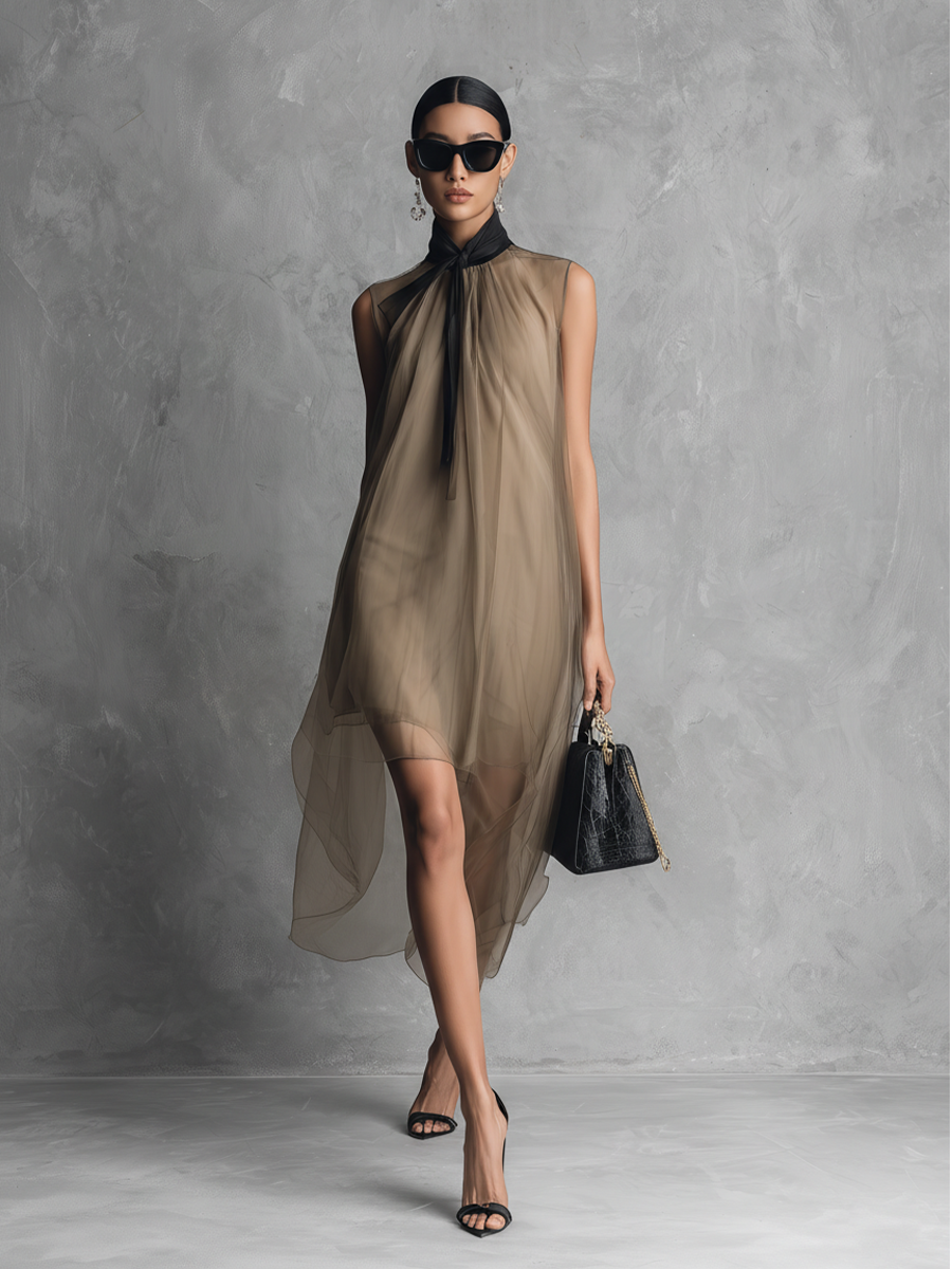 Women's elegant khaki & brown two-tone sleeveless midi dress, ideal for luxurious spring/summer fashion & parties.