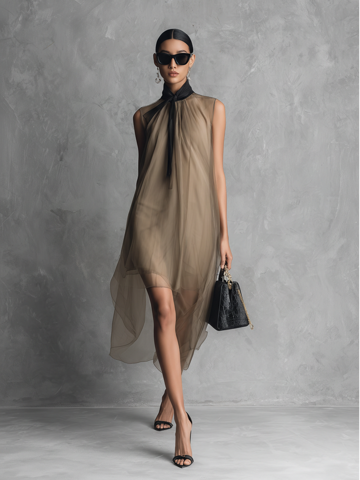 Women's elegant khaki & brown two-tone sleeveless midi dress, ideal for luxurious spring/summer fashion & parties.