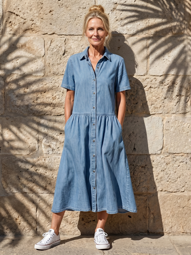 Elegant women's blue midi dress with gathered waist & collared button front, perfect for summer casual wear.