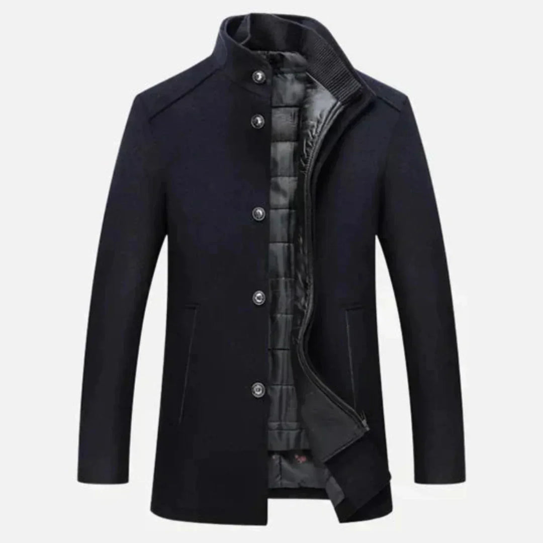 Stylish men's mid-length overcoat with a stand collar, great for fall & winter outerwear.