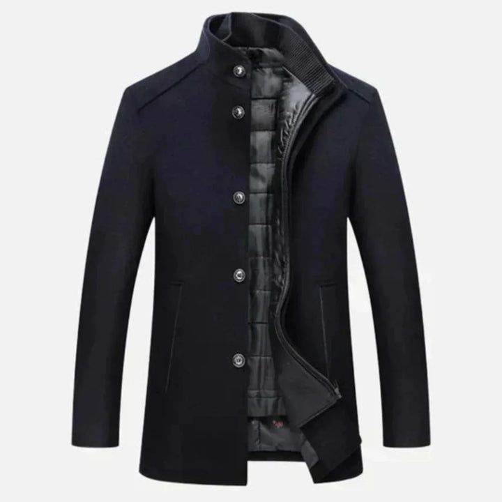 Stylish men's mid-length overcoat with a stand collar, great for fall & winter outerwear.