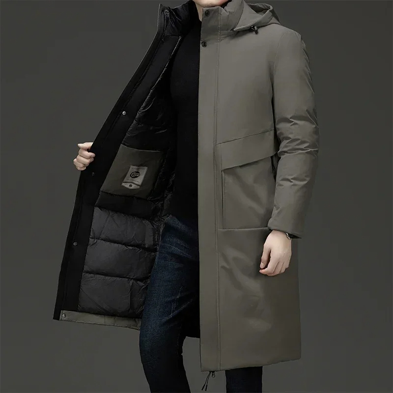 Men's stylish long hooded winter coat, providing ultimate warmth for cold weather outerwear.