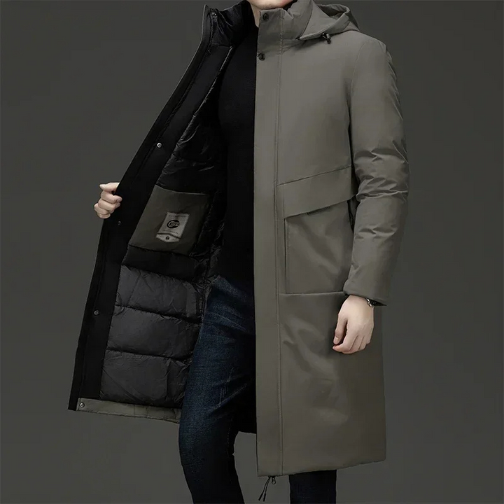 Men's stylish long hooded winter coat, providing ultimate warmth for cold weather outerwear.