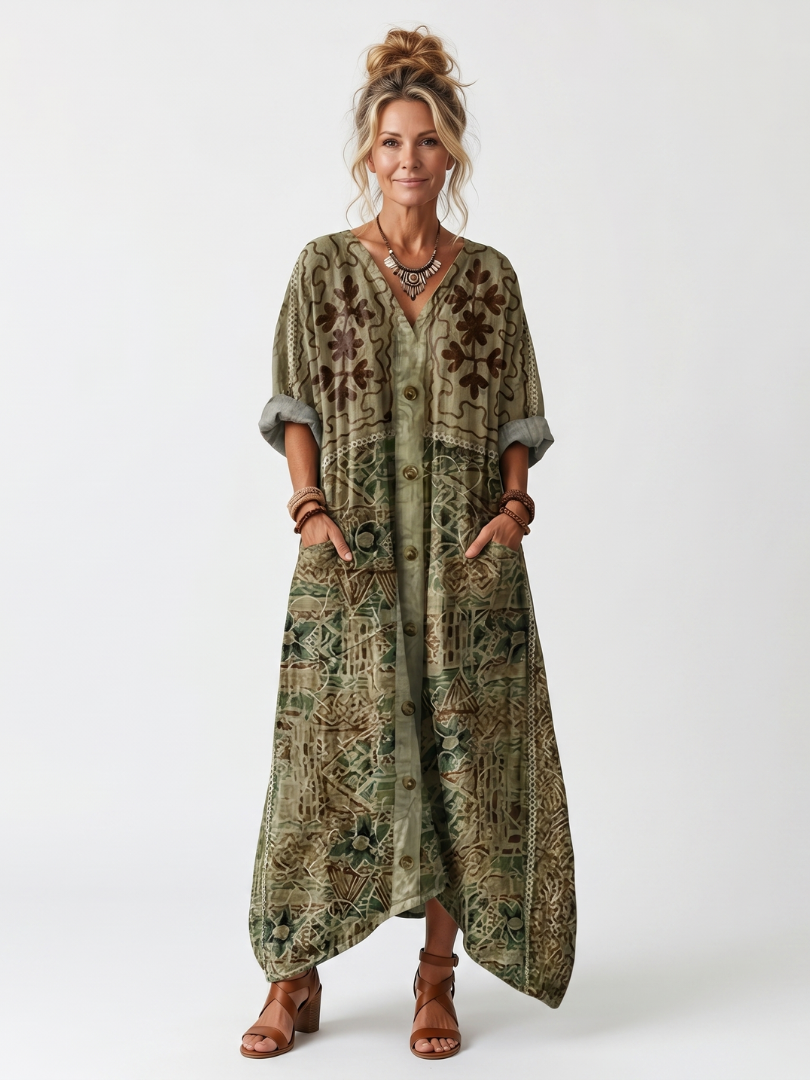 Women's oversized midi dress with button front, intricate embroidery, and a relaxed fit for casual summer style.