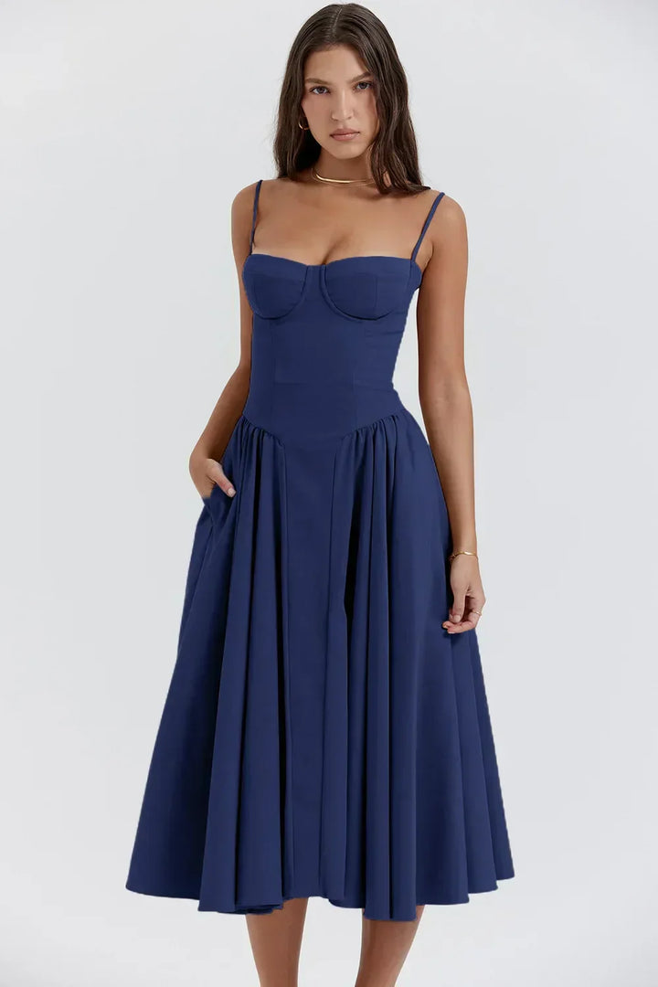 Formal women's midi dress, sleeveless with a flattering corset. A perfect elegant choice for parties.