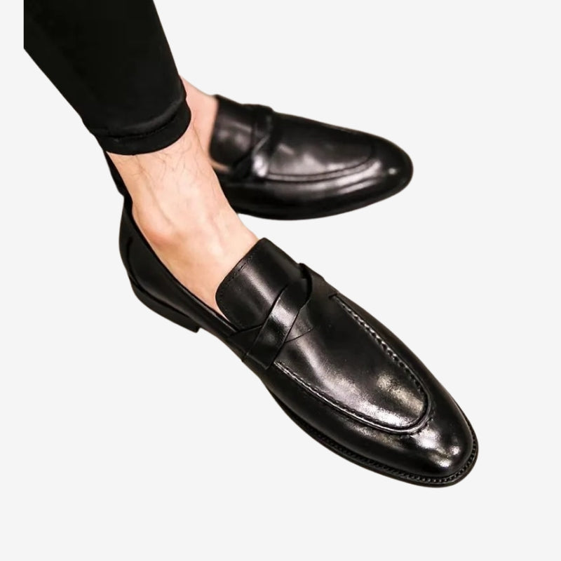 Classic men's polished slip-on penny loafers, perfect for business, formal events & smart casual outfits.