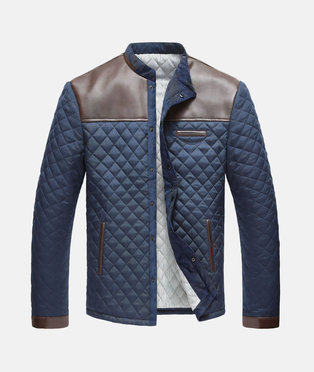 Men's navy button-down quilted jacket, perfect for casual fall fashion & comfortable layering.