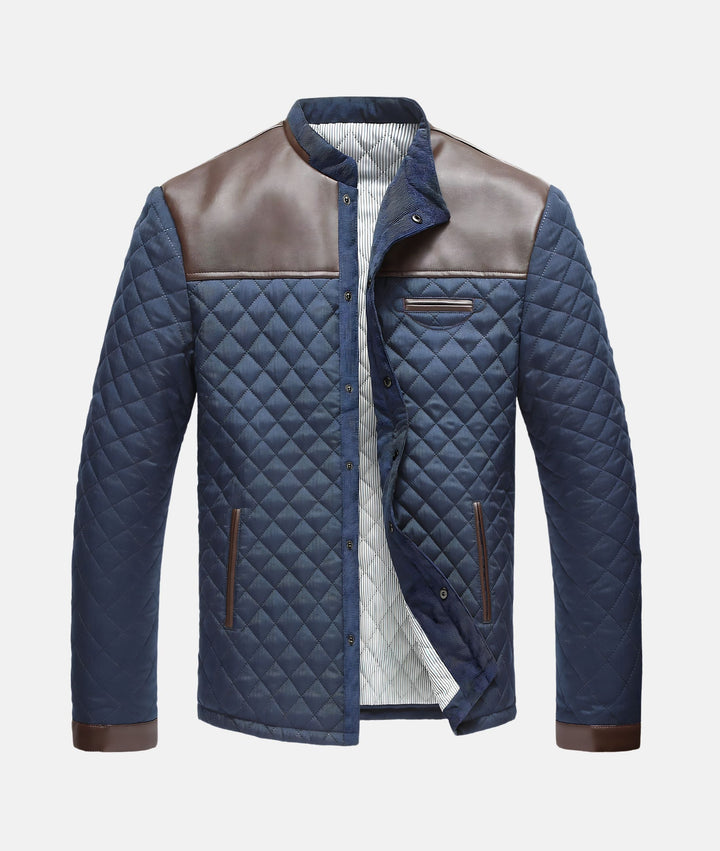 Men's navy button-down quilted jacket, perfect for casual fall fashion & comfortable layering.