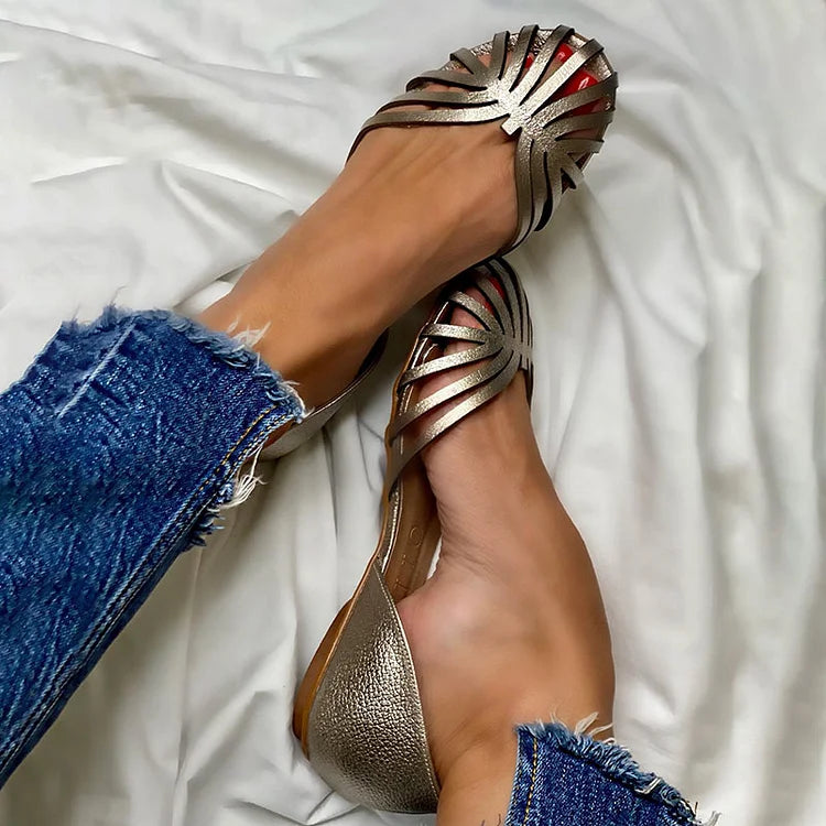 Elegant metallic open-toe cut-out ballet flats for women. Comfortable & stylish for spring/summer casual or dressy occasions.