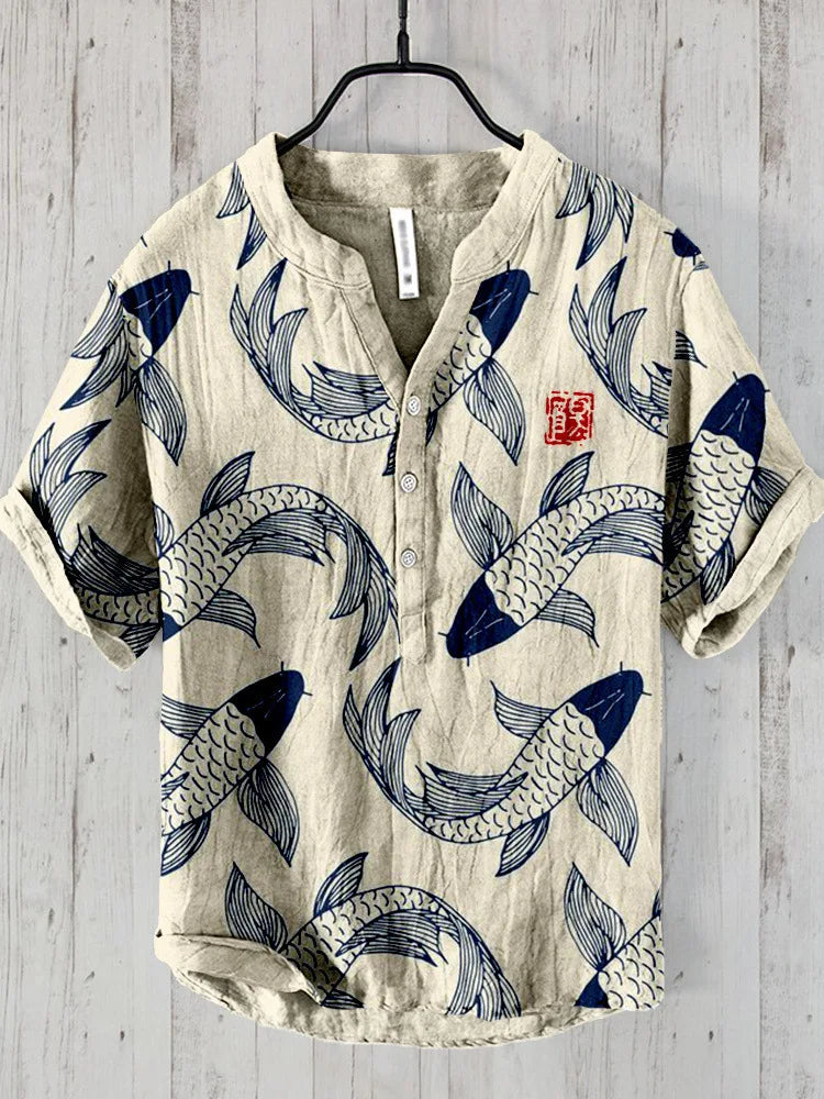 Women's vintage Japanese fish art shirt. Elegant, relaxed fit, short sleeve top. Unique summer fashion.