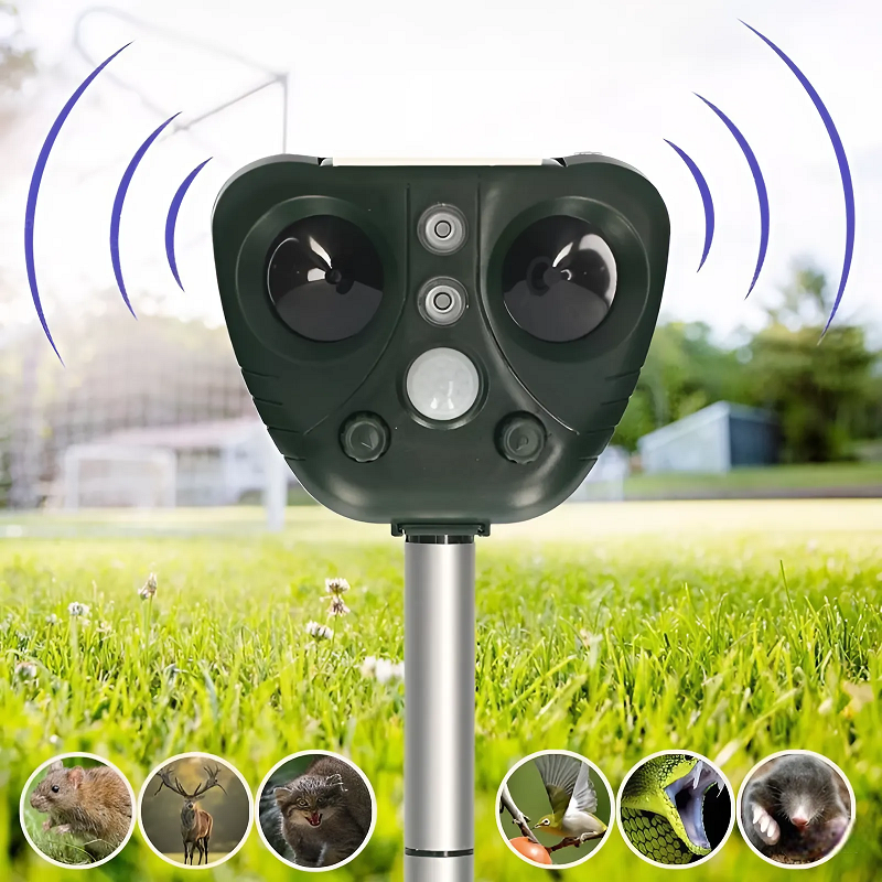 Eco-friendly solar ultrasonic bird repeller, deters birds & pests from gardens & yards.