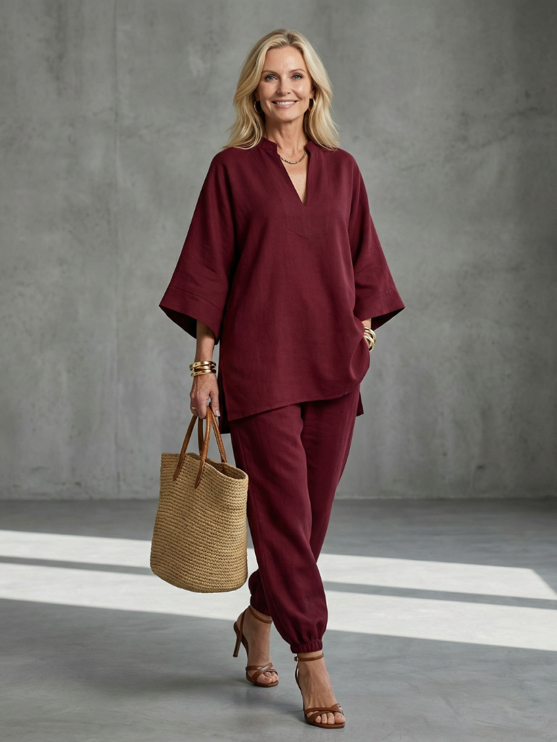 Women's relaxed V-neck tunic & gathered trouser two-piece set for casual summer wear.