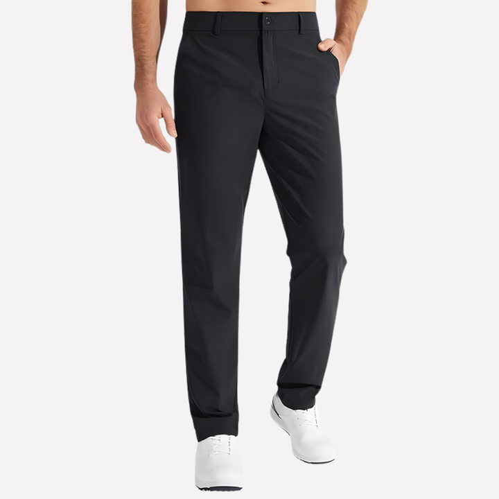 Men's sleek fit stretch performance golf trousers. Quick-dry, tailored for comfort & active wear.