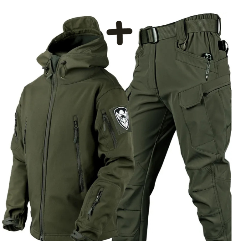 Men's tactical hooded jacket & multi-pocket cargo pants set for outdoor adventure and utility wear.