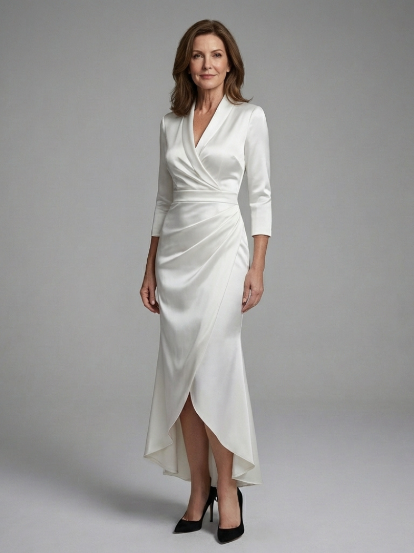 Elegant women's long sleeve wrap midi dress, high-low design. Perfect for formal events & evening wear.