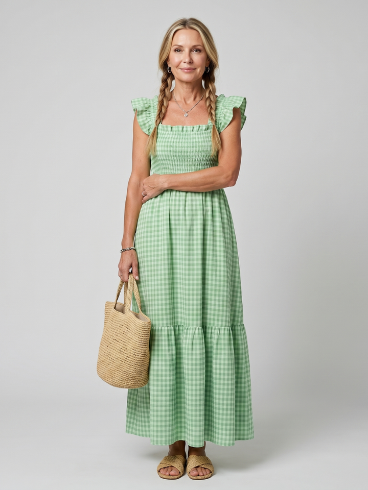 Women's elegant gingham midi dress, sleeveless with a chic square neck for summer fashion.
