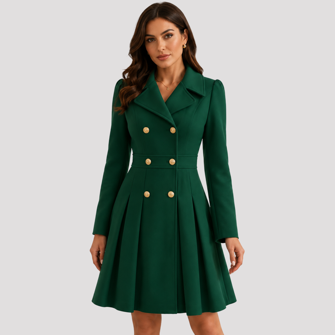 Elegant women's tailored double-breasted coat dress with long sleeves, perfect for formal events.