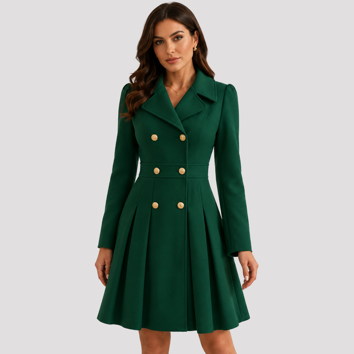 Elegant women's tailored double-breasted coat dress with long sleeves, perfect for formal events.