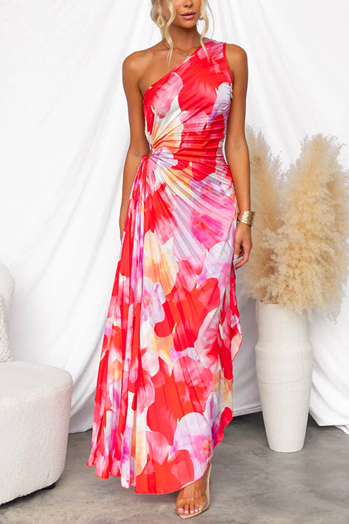Elegant women's one-shoulder pleated maxi dress, perfect for summer parties & vacation wear. Available in floral print.