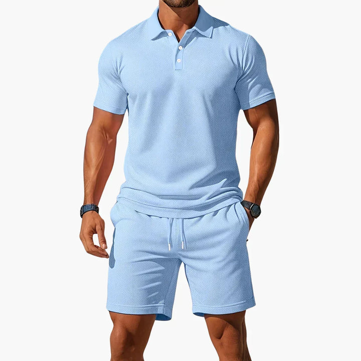Men's premium summer polo & shorts set, a comfy two-piece casual outfit for warm weather.