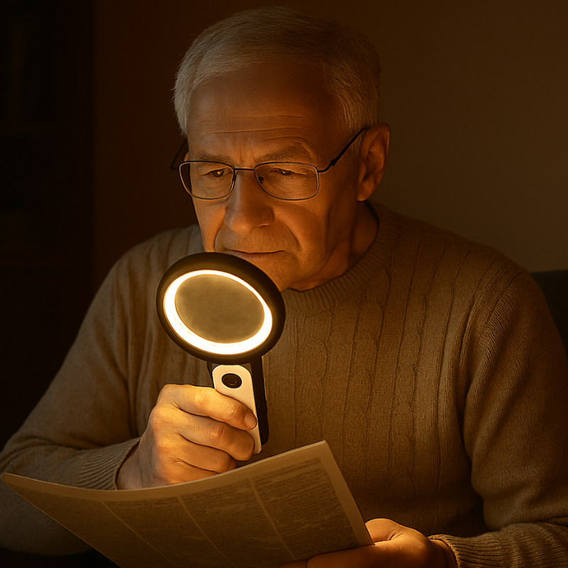 Adjustable LED magnifying glass for reading fine print, hobbies, and detailed tasks; clear vision aid.
