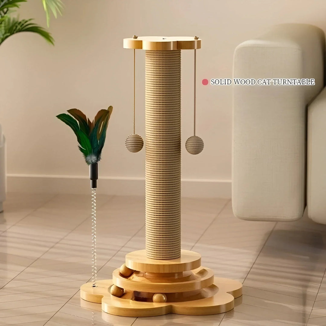 Wooden scratching post for cats, featuring durable natural wood and interactive play elements for enrichment.