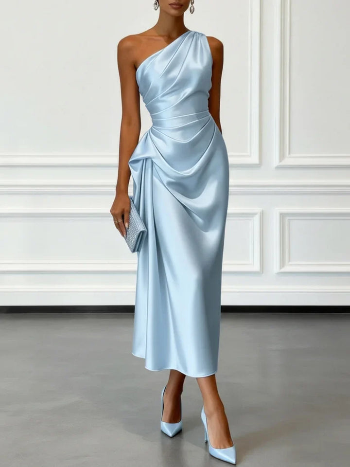 Elegant women's one-shoulder midi party dress with stylish ruffles. Perfect for cocktails & events.
