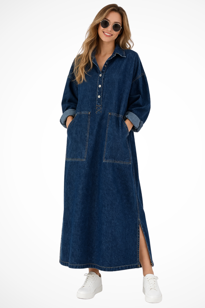 Women's oversized long sleeve collared maxi dress with practical pockets, ideal for comfortable everyday wear.