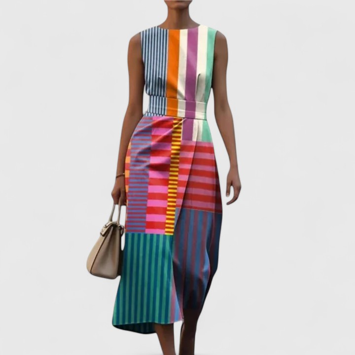 Elegant women's patterned midi dress for versatile occasion wear. Stylish, flattering fit with unique design for spring/summer.
