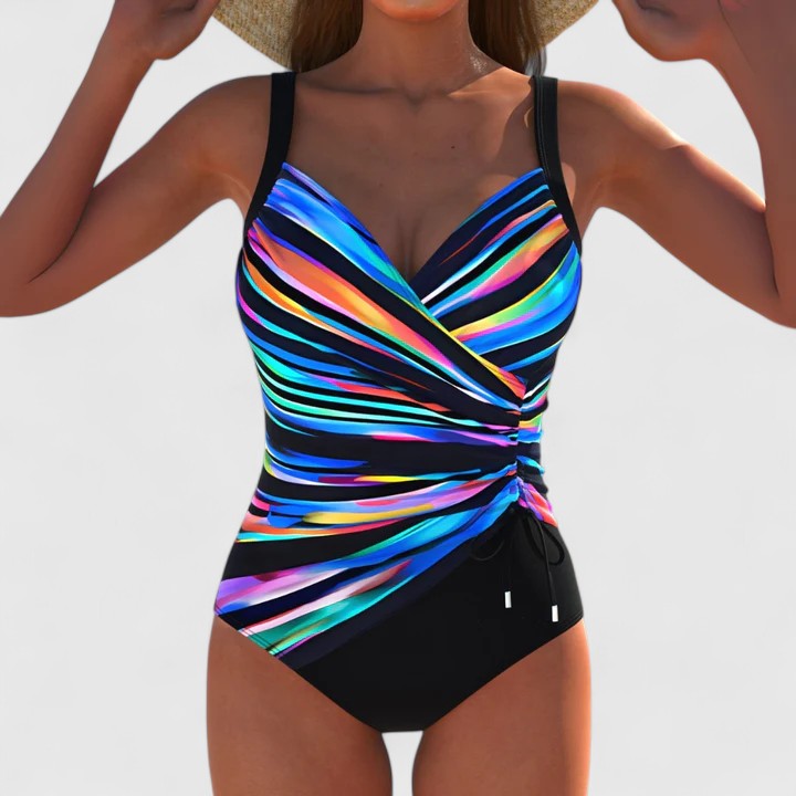 Women's modern printed one-piece swimsuit for beach & pool. Vibrant resort wear, perfect for summer vacation.