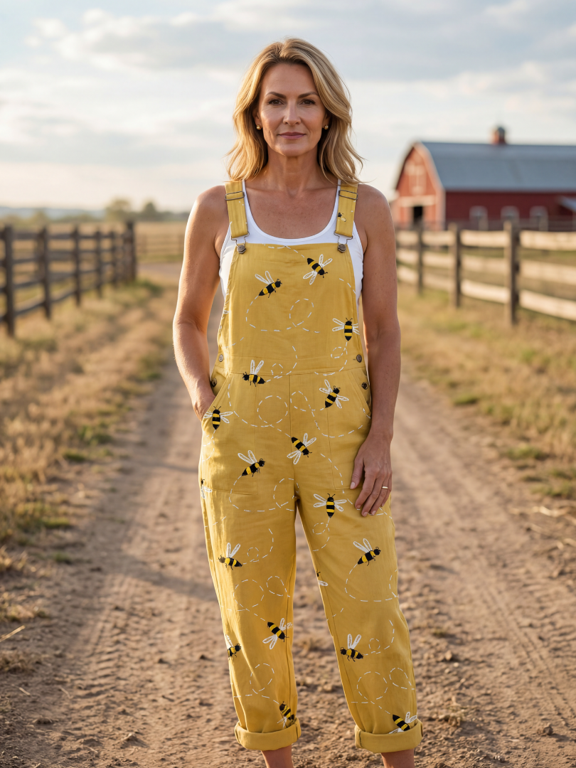 Women's light honeybee print relaxed fit jumpsuit with wide straps, perfect for casual summer wear.