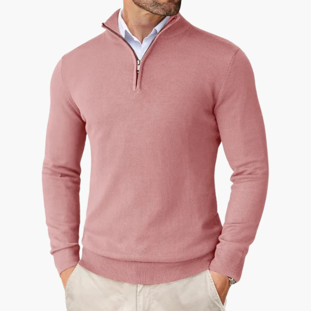 Stylish men's quarter zip pullover, a versatile long sleeve top with ribbed hem, great for layering.