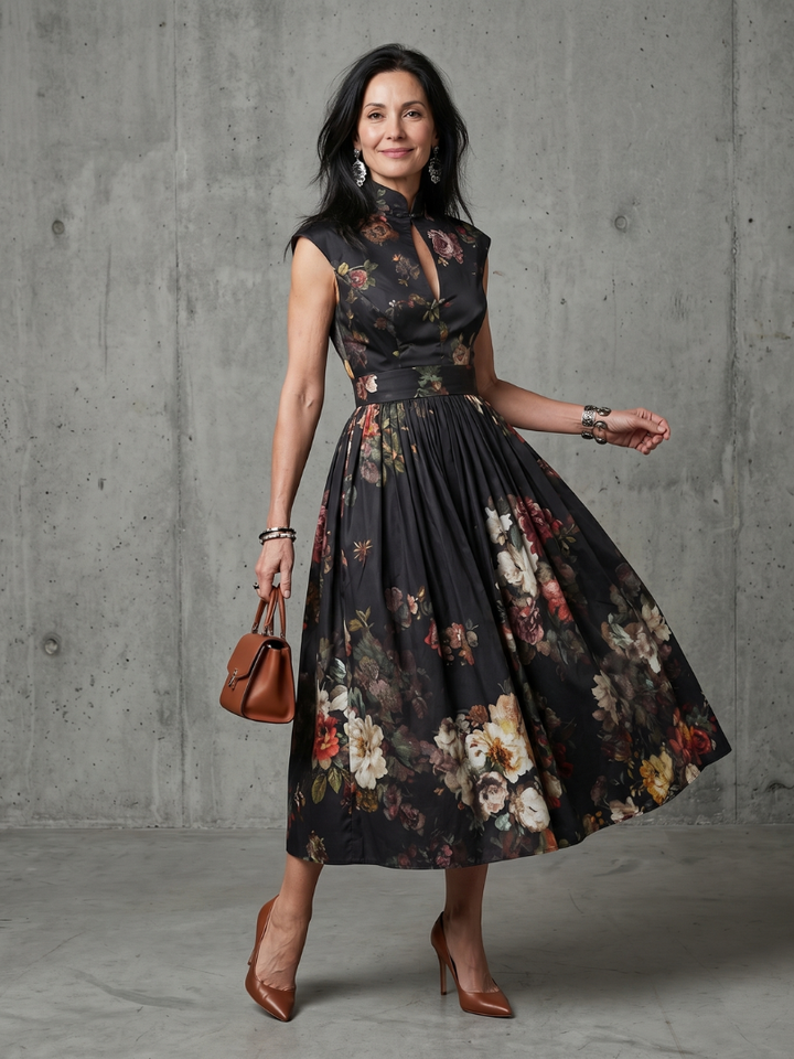 Women's high neck keyhole floral pleated midi dress, elegant & sleeveless for summer parties.