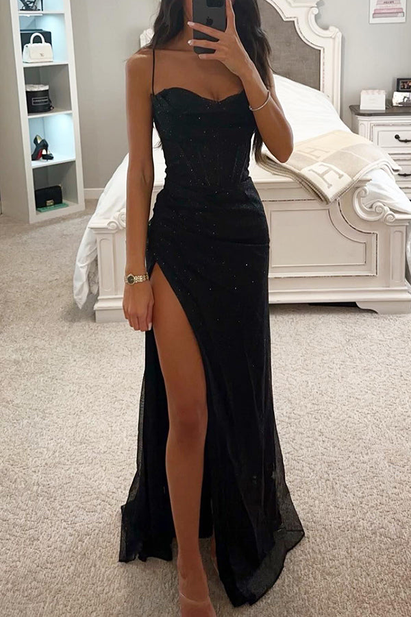Dazzling sequin corset maxi dress, a glamorous long evening gown for women's formal party or special occasion.