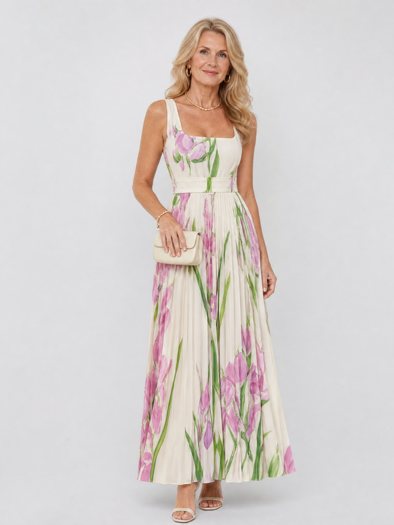 Elegant women's pleated sleeveless midi dress with square neck. Flowy summer day dress, front view.