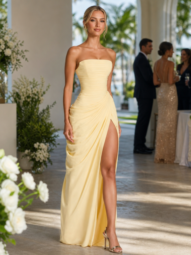 Elegant women's strapless maxi dress with a high slit, perfect for evening events & wedding guests.