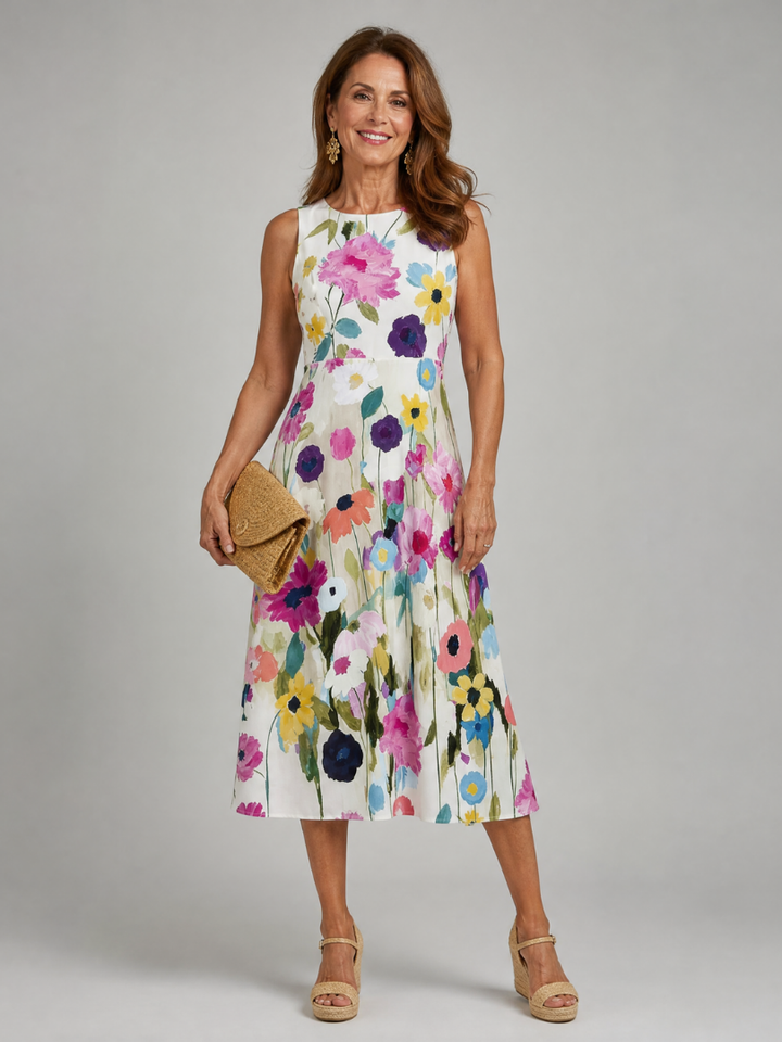 Women's vibrant floral print sleeveless midi dress, perfect for summer casual wear. Relaxed fit, round neck.
