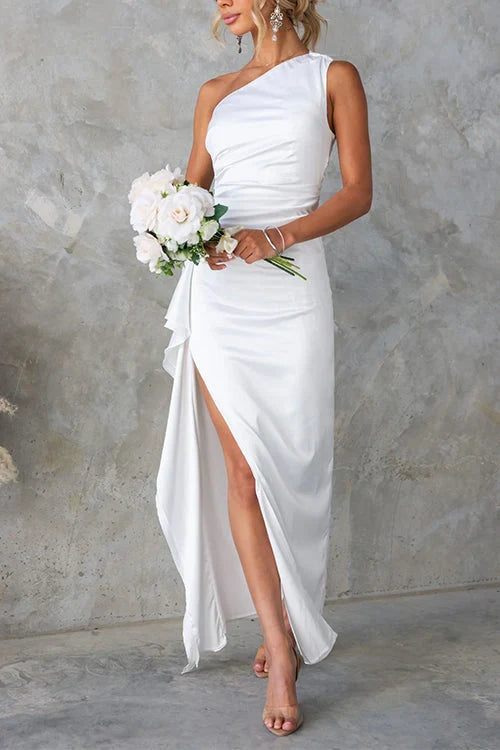 Sleek one-shoulder formal maxi dress for women, perfect for evening wear, wedding guests & special events.
