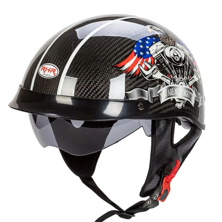 Classic half-face helmet for bikers, carbon look finish, unisex design for vintage motorcycle enthusiasts.