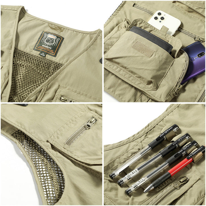 Utility men's vest, multi-pocket for summer. Great for outdoor, hiking, and travel.