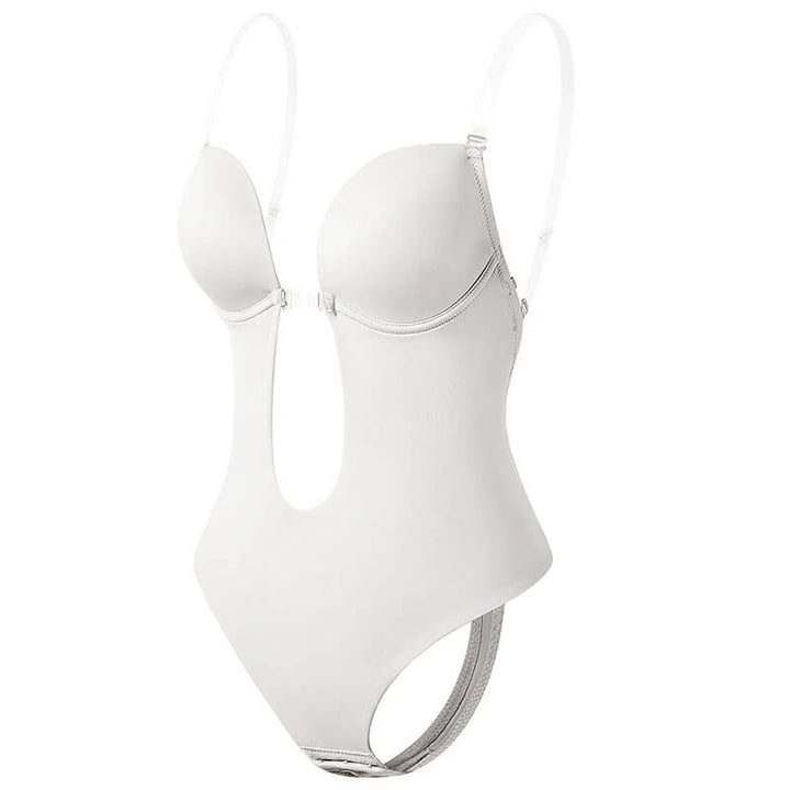 Deep V seamless body shaper for women, offering comfortable sculpting and backless support under dresses.