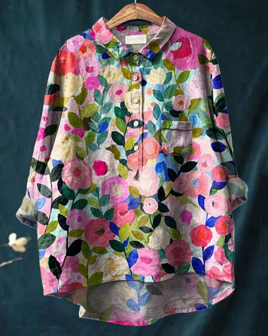 Women's floral print button-up blouse, long sleeve, effortless style for spring & summer fashion.