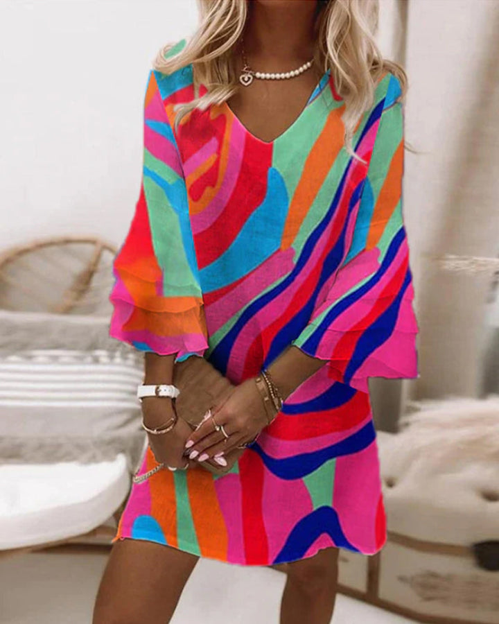 Glamorous women's three-quarter bell sleeve mini dress with a plunging V-neck for a stunning party outfit.