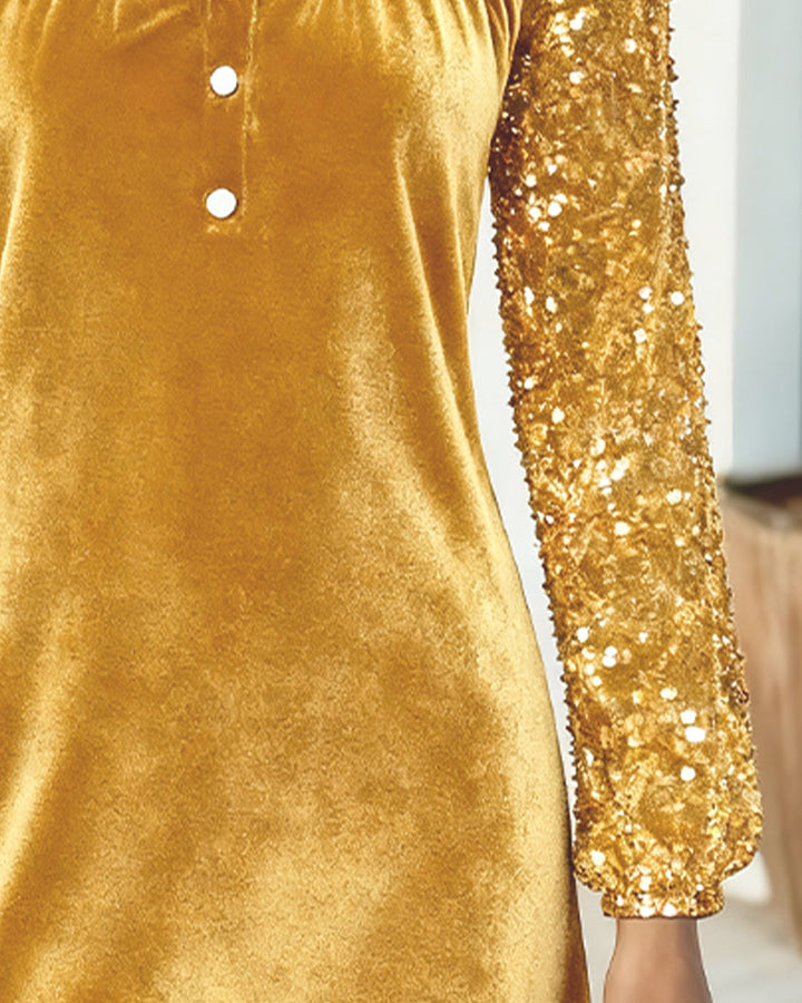Elegant knee-length women's dress, A-line silhouette, shimmering long sleeves for formal events.