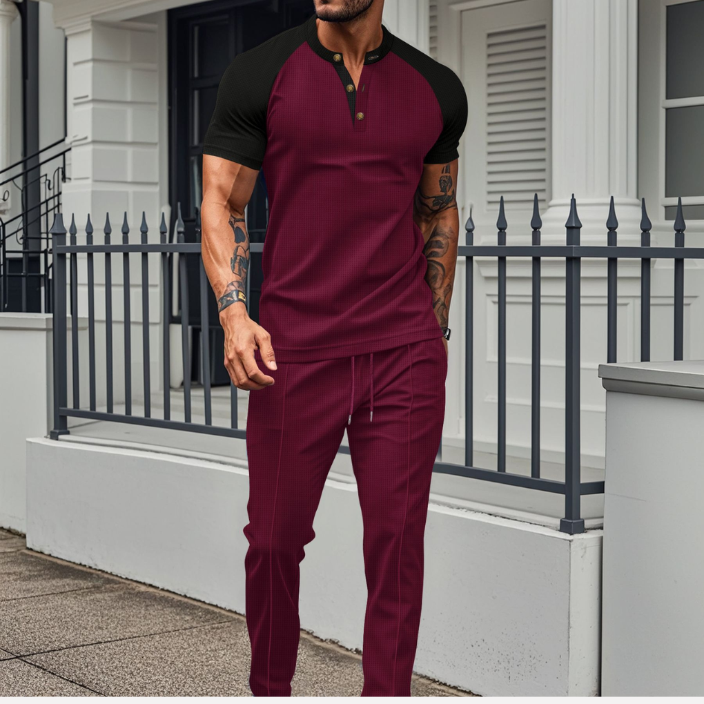 Men's contrast Henley t-shirt and jogger set in a comfortable, modern athletic style, perfect for loungewear.